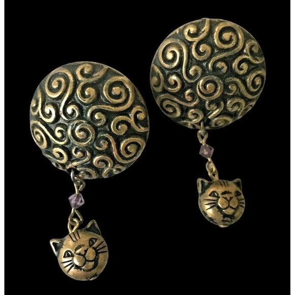 Cat Earrings Handmade Vintage One of  Kind New Purple Crystals Kitty Lov… - Picture 1 of 8